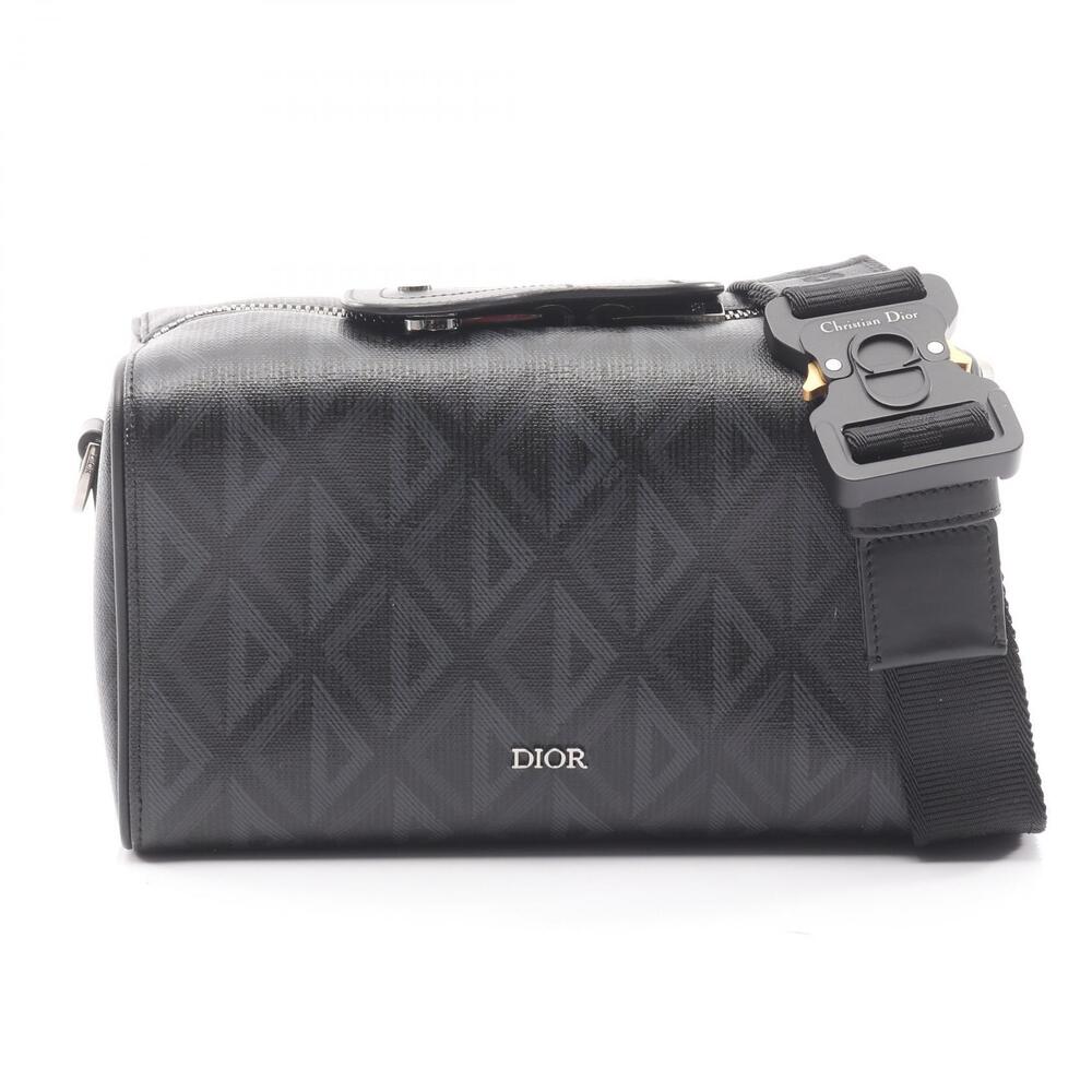 Dior Lango CD Diamond Shoulder Bag Canvas Leather Black Navy Blue